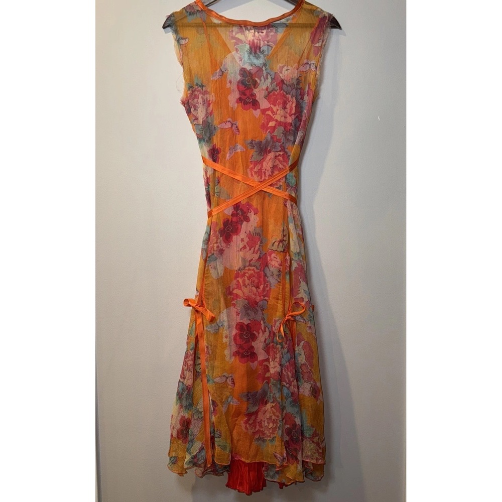 JOHNNY WAS 100% Silk Maxi Dress Sz S Orange Floral Tiered Lined Boho Ribbon Slip - Picture 14 of 16